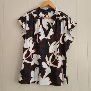 White House Black Market WHBM Floral Blouse Brown White  Elegant Elevated Chic L